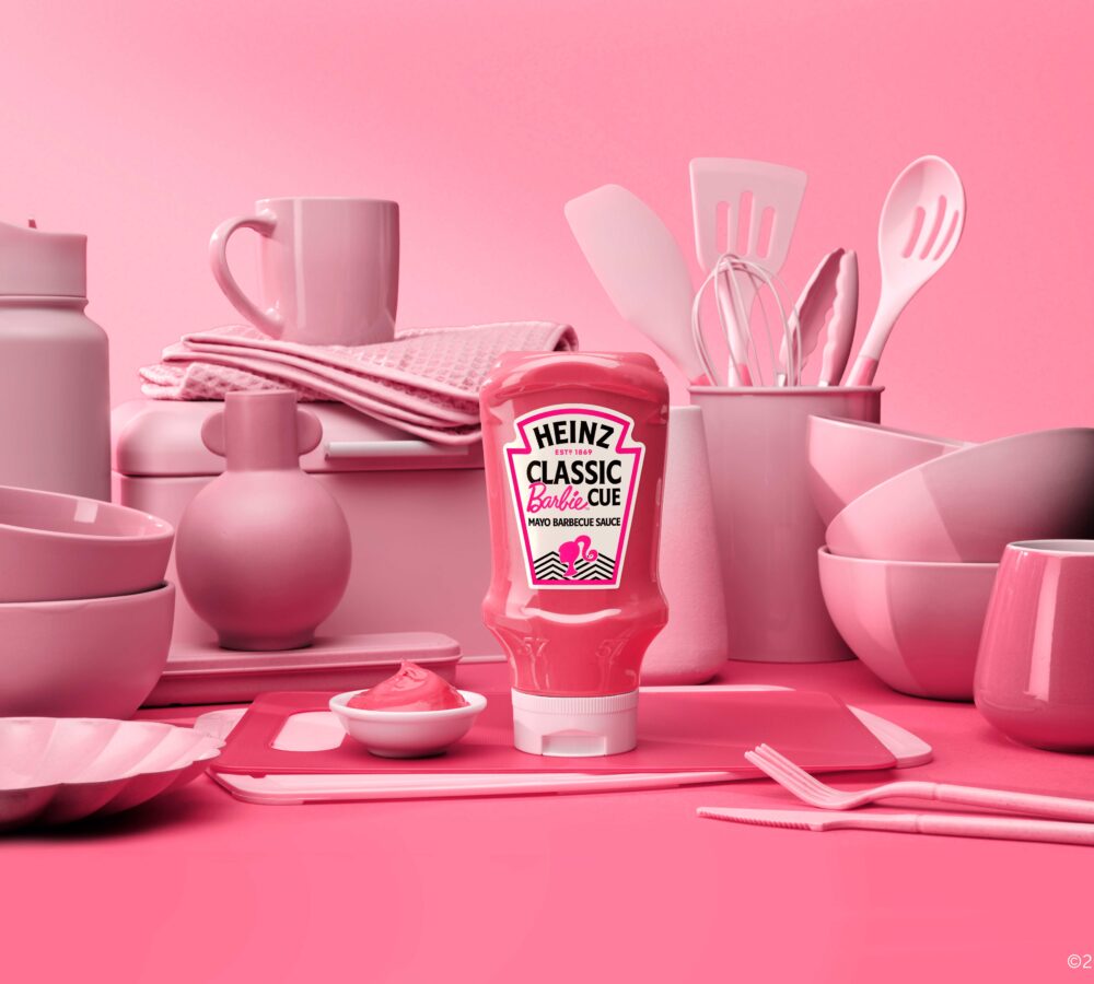 Heinz Classic Barbiecue Sauce surrounded by pink Barbie kitchen props