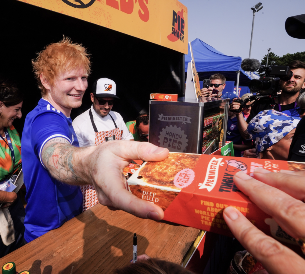 Ed Sheeran with Tingly Ted Pieminister pies